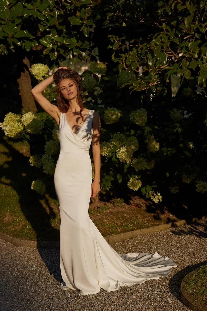Charmeuse Fit and Flare Wedding Dress with Rached Deep V-Neckline Wedding Dreses