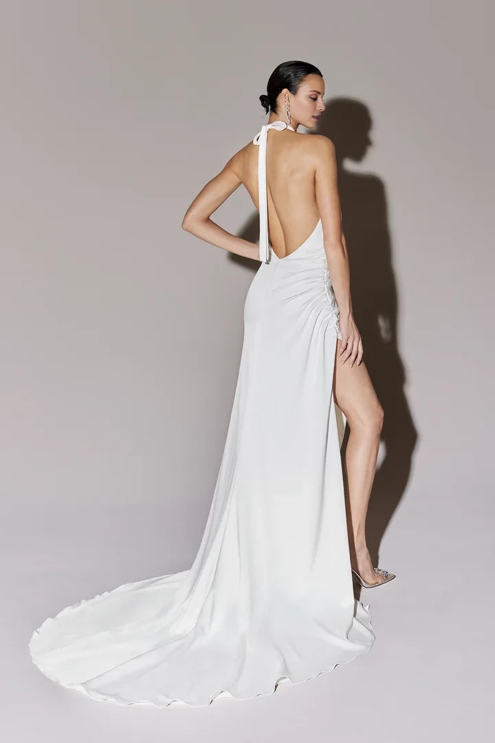 Charmeuse Fit and Flare Wedding Gown with Halter Neckline Wedding Dresses