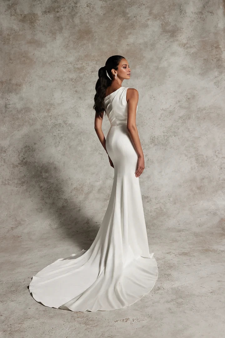 Charmeuse Wedding Gown with Asymmetric Neckline and Skirt Slit Wedding Dresses