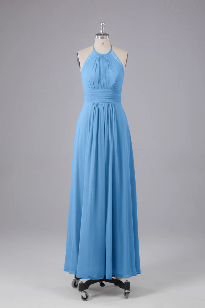 Charming A-Line Halter-Neck Sleeveless Lace-Cutout-Back Sky Blue Chiffon Floor-Length Bridesmaid Dresses