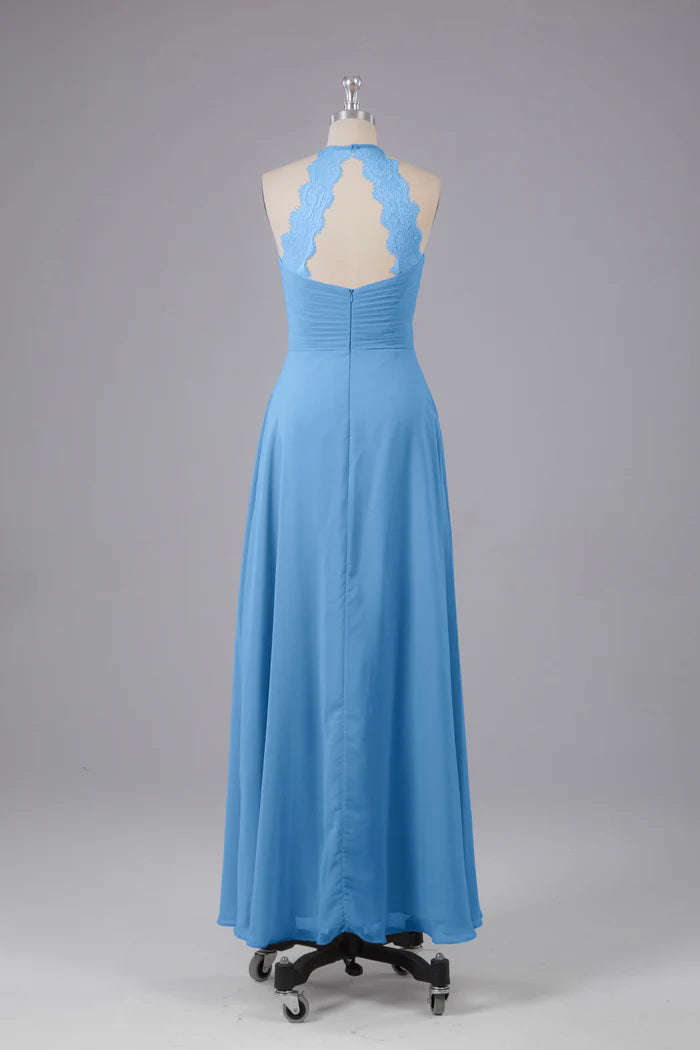 Charming A-Line Halter-Neck Sleeveless Lace-Cutout-Back Sky Blue Chiffon Floor-Length Bridesmaid Dresses