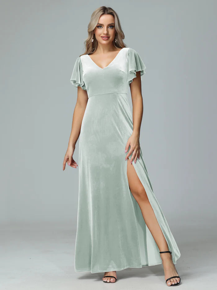 Charming A-Line V-Neck Ruffled-Sleeve V-Back Sage Velvet Floor-Length Bridesmaid Dresses
