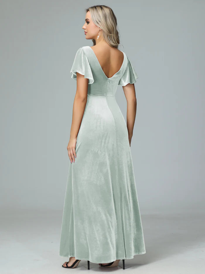 Charming A-Line V-Neck Ruffled-Sleeve V-Back Sage Velvet Floor-Length Bridesmaid Dresses