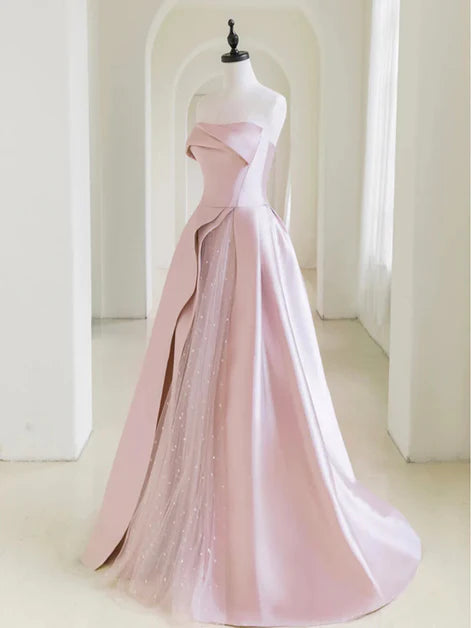 Charming Ballgown Strapless Satin Tulle-Overlay Draped Back-Zip Train Length Evening Dresses