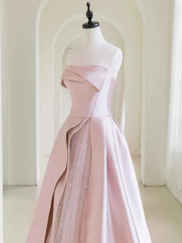 Charming Ballgown Strapless Satin Tulle-Overlay Draped Back-Zip Train Length Evening Dresses