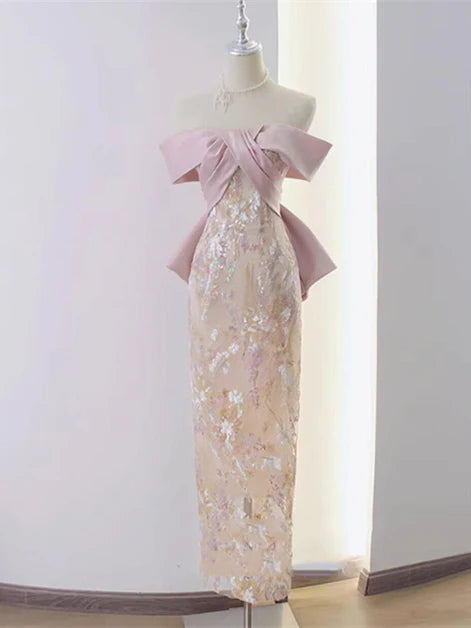 Charming Sheath Off-Shoulder Sequin-Fabric Oversized-Bow Back-Zip Midi-Length Evening Dresses