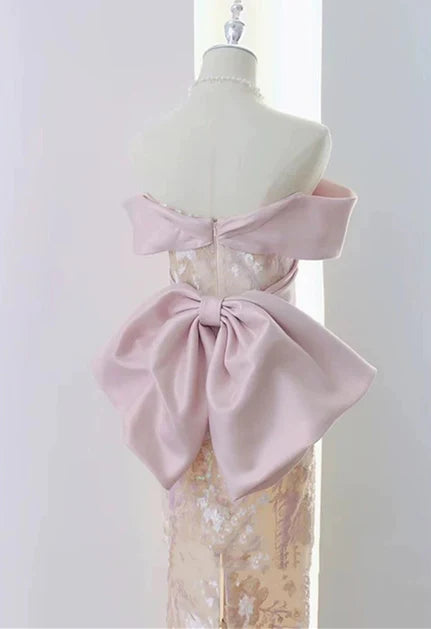 Charming Sheath Off-Shoulder Sequin-Fabric Oversized-Bow Back-Zip Midi-Length Evening Dresses
