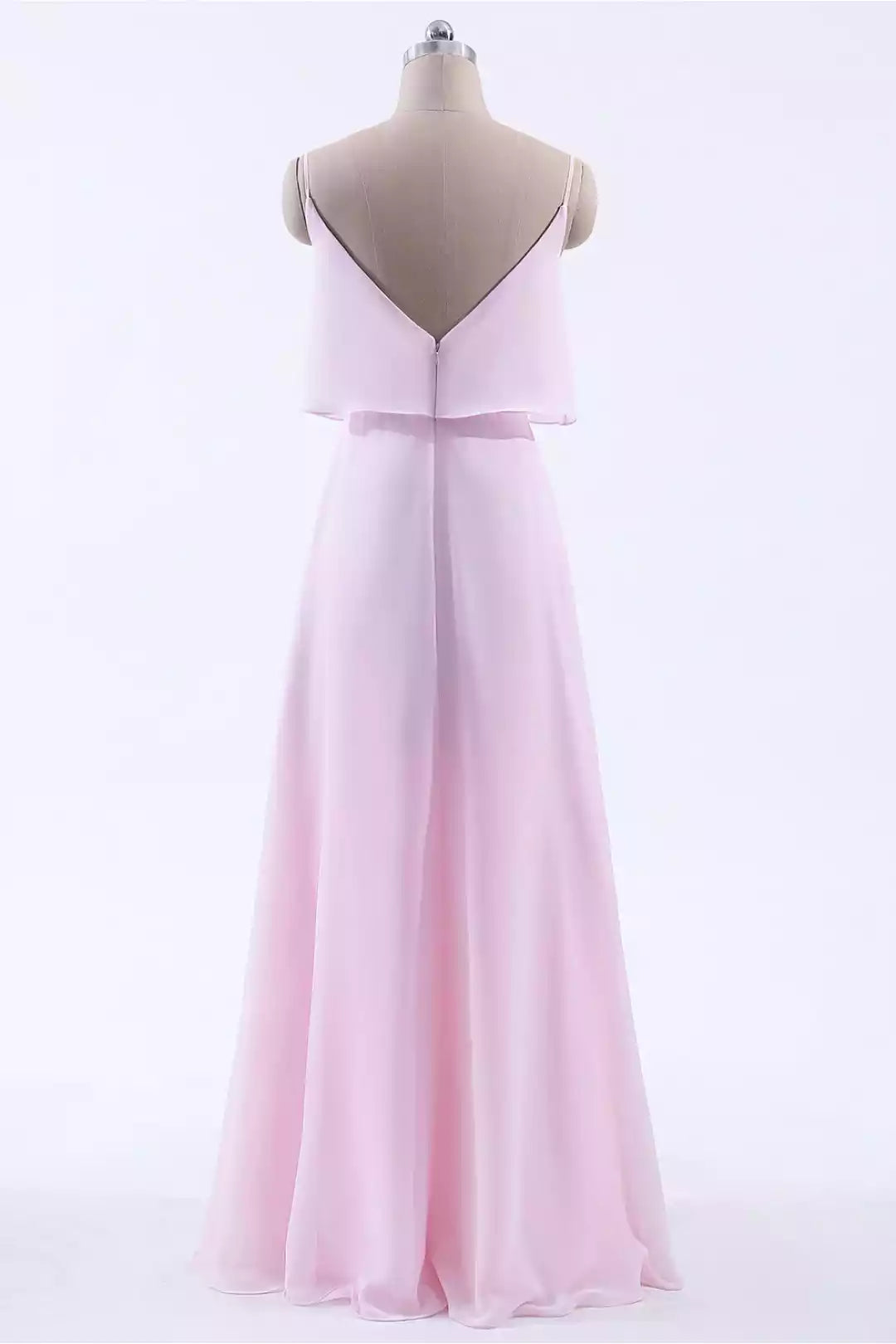 Charming Blush Pink Chiffon Gown with Layered Bodice & Low V-Back