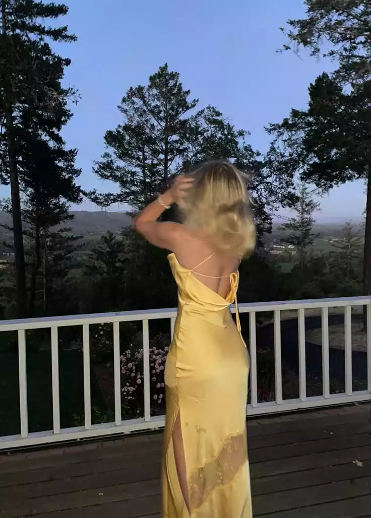 Charming Mustard Yellow Satin Gown with Spaghetti Straps & Lace Accent Slit