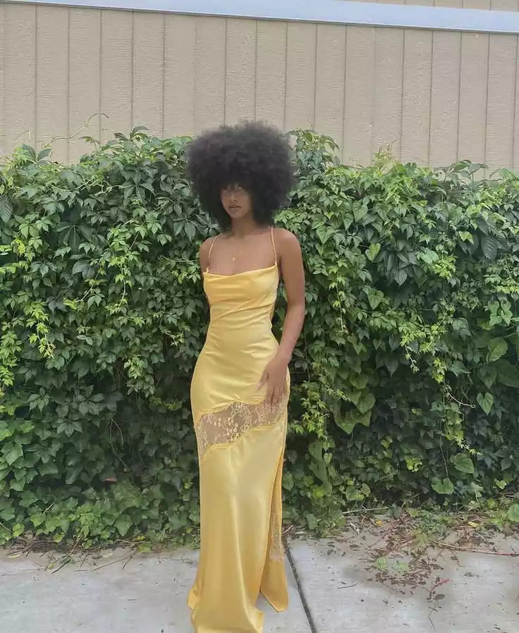 Charming Mustard Yellow Satin Gown with Spaghetti Straps & Lace Accent Slit