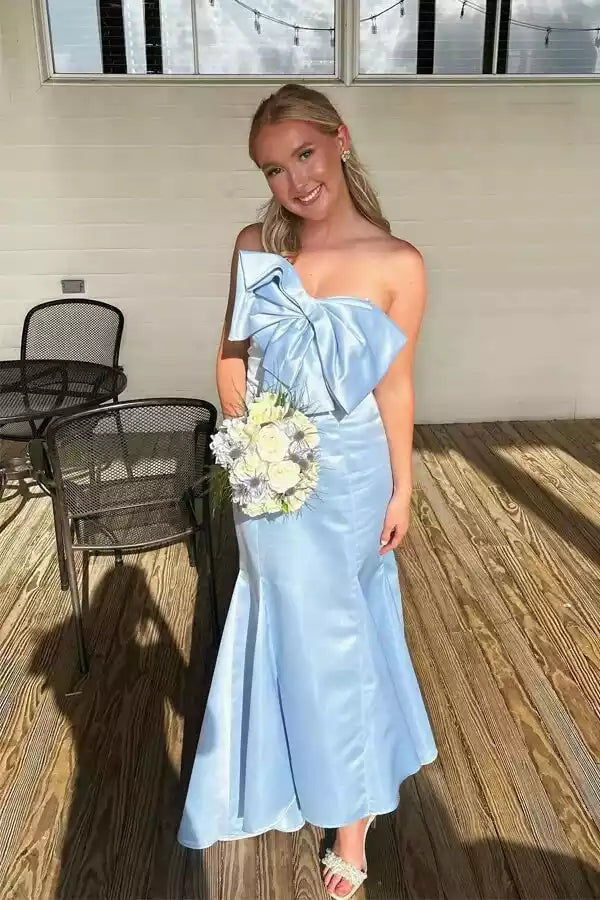 Charming Sky Blue Satin Gown with One-Shoulder Bow & Mermaid Silhouette