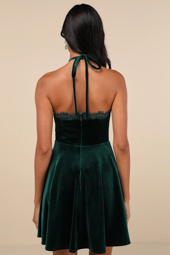 Charming  Velvet Lace Halter Skater Mini Dress Homecoming Dresses