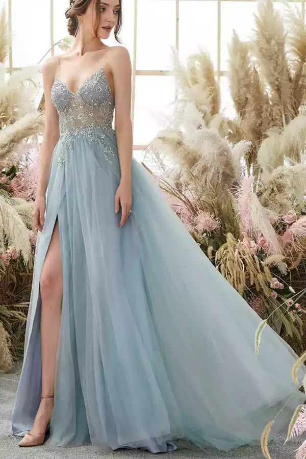 Charming chiffon A-line V-neck bead sleeveless invisible zipper and Prom Dresses