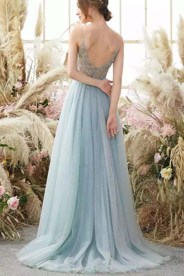 Charming chiffon A-line V-neck bead sleeveless invisible zipper and Prom Dresses