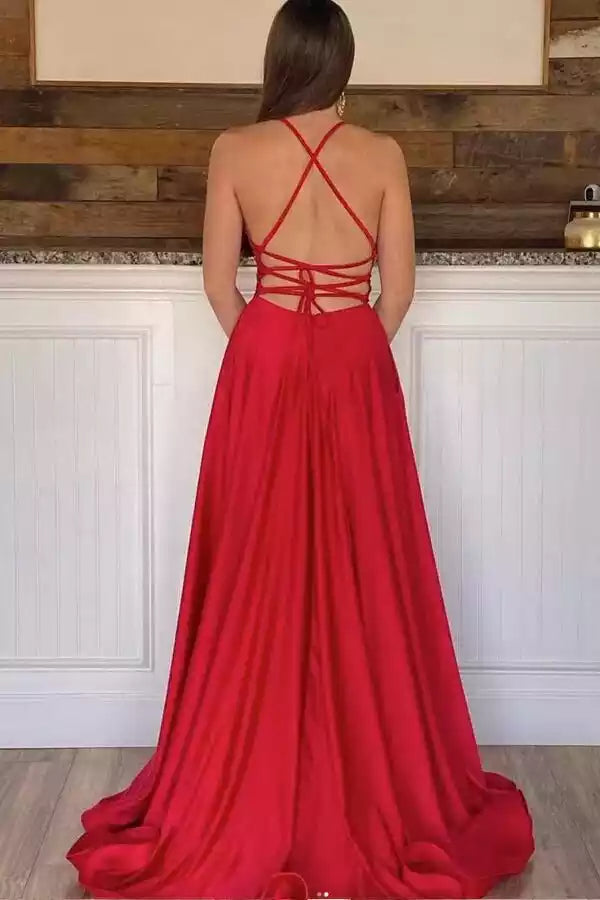 Charming satin A-line V-neck long slit Prom Dresses