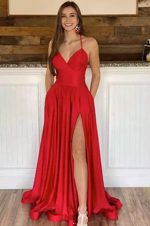 Charming satin A-line V-neck long slit Prom Dresses