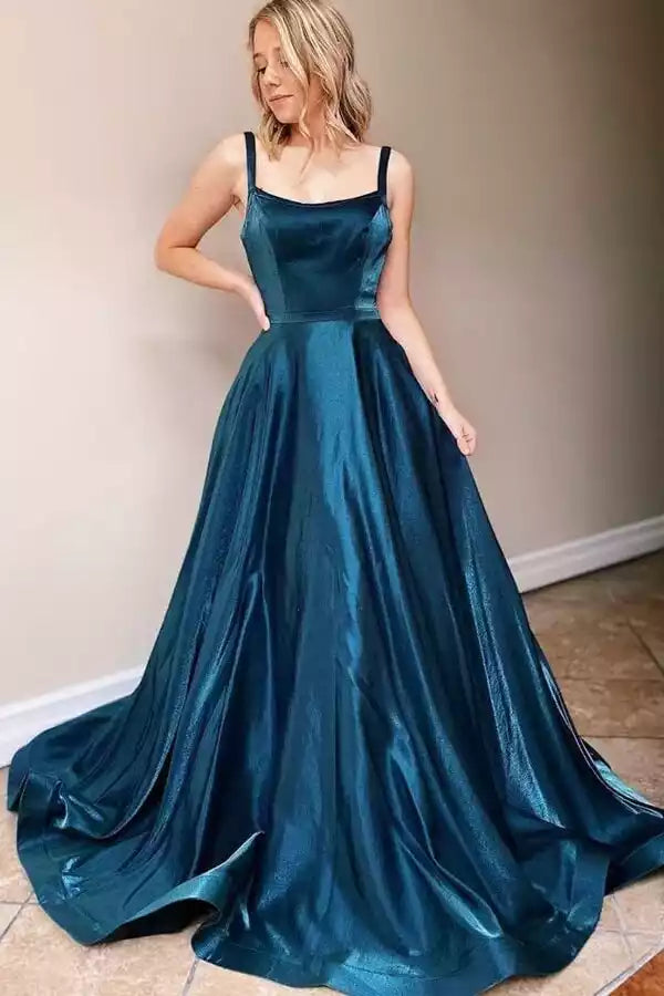 Charming satin A-line square neck natural waistline sleeveless floor mopping Prom Dresses