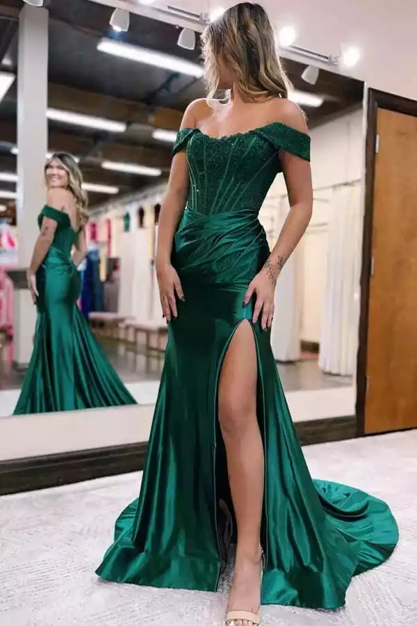 Charming satin lace mermaid off shoulder heart-shaped collar slit lace and floor Prom Dresses