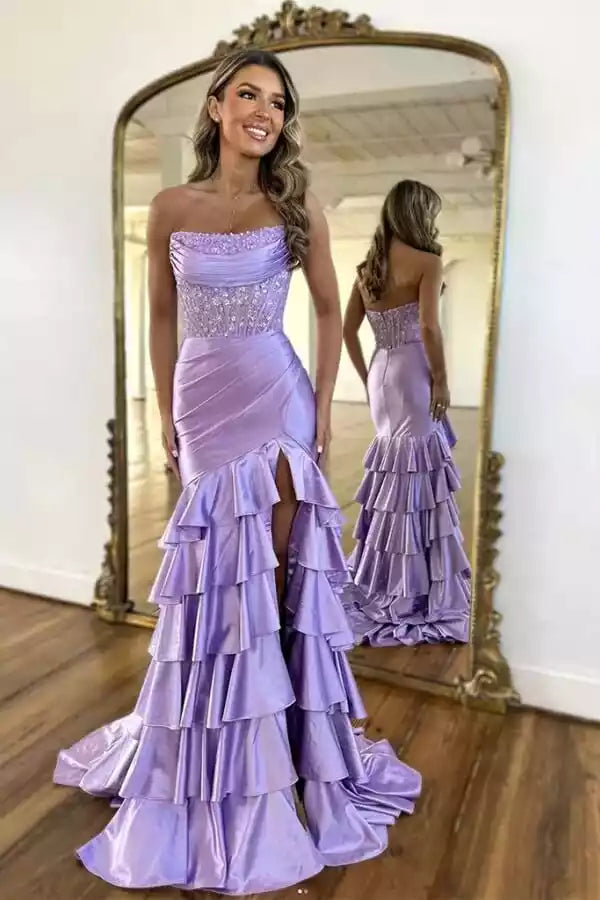 Charming satin mermaid round neck slit lace applique bead sleeveless Prom Dresses