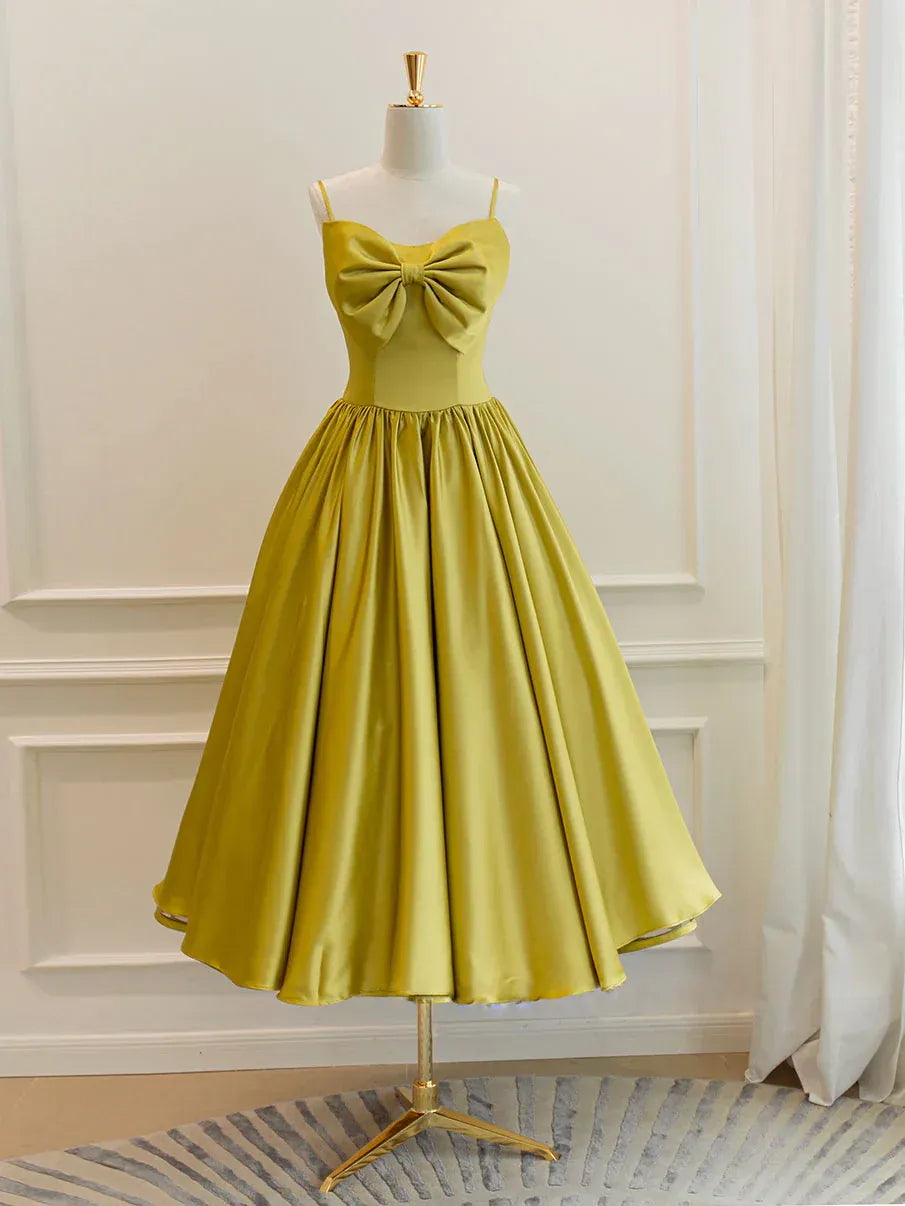 Chartreuse Spaghetti-Strap Bow Satin A-Line Midi Dress with Lace-Up Back