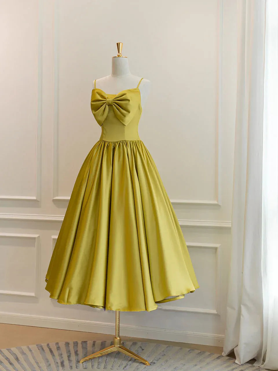 Chartreuse Spaghetti-Strap Bow Satin A-Line Midi Dress with Lace-Up Back