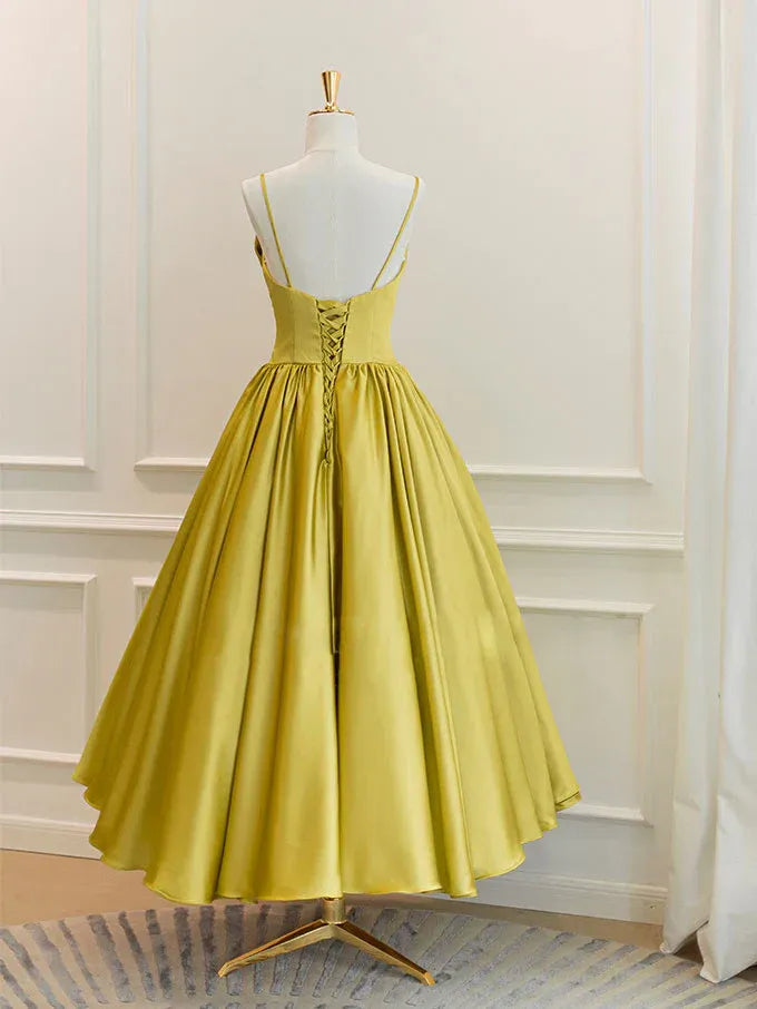 Chartreuse Spaghetti-Strap Bow Satin A-Line Midi Dress with Lace-Up Back