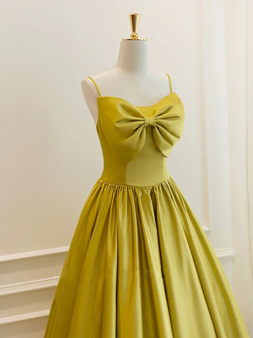 Chartreuse Spaghetti-Strap Bow Satin A-Line Midi Dress with Lace-Up Back