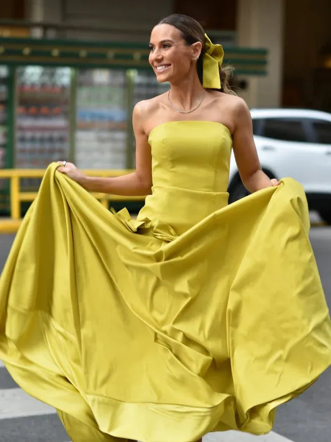 Chartreuse Strapless Satin Ball Gown with Statement Bows