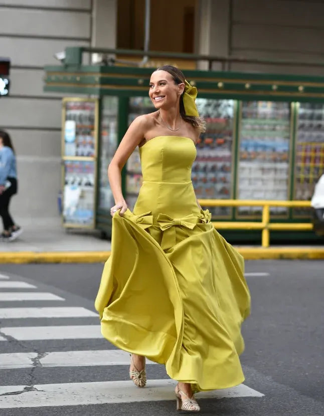 Chartreuse Strapless Satin Ball Gown with Statement Bows