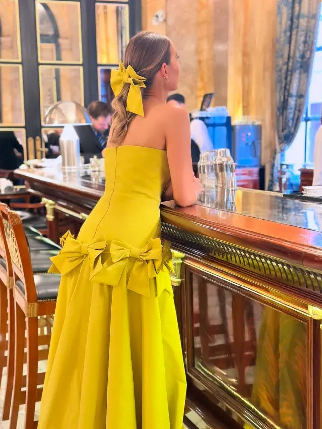 Chartreuse Strapless Satin Ball Gown with Statement Bows
