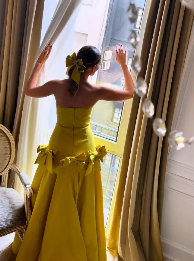 Chartreuse Strapless Satin Ball Gown with Statement Bows
