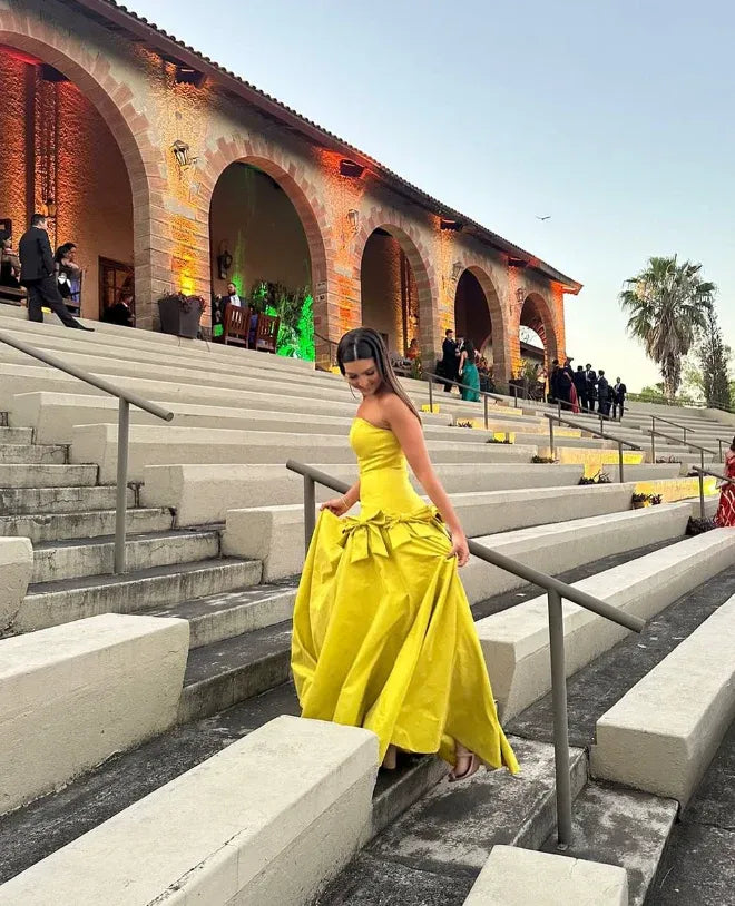 Chartreuse Strapless Satin Ball Gown with Statement Bows