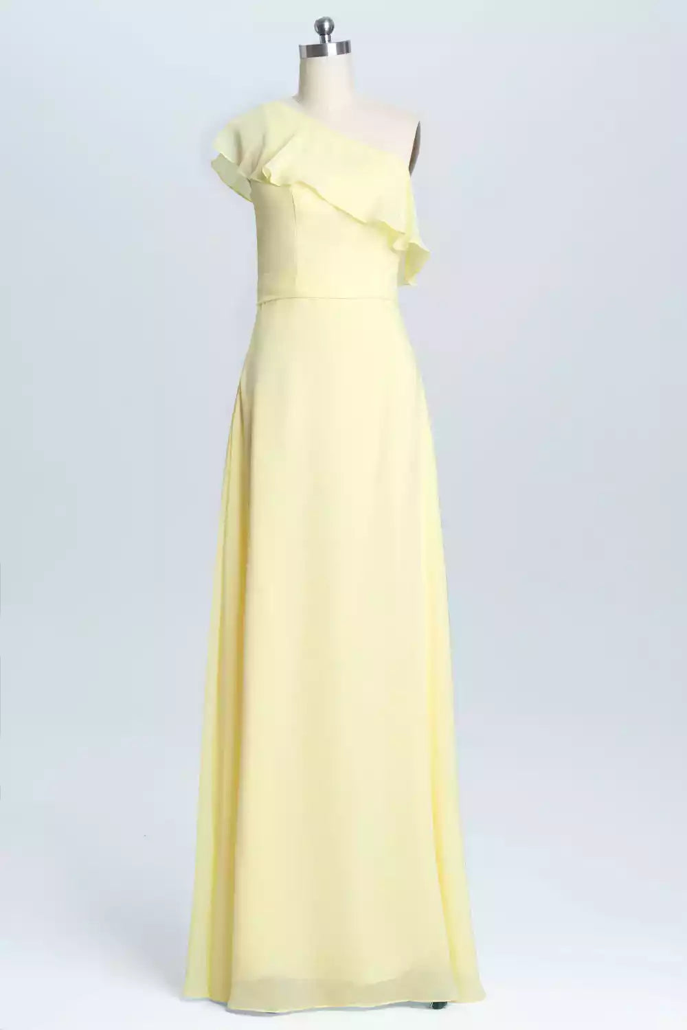 Cheerful Lemon Yellow Chiffon Gown with One-Shoulder Ruffle & Tied Waist