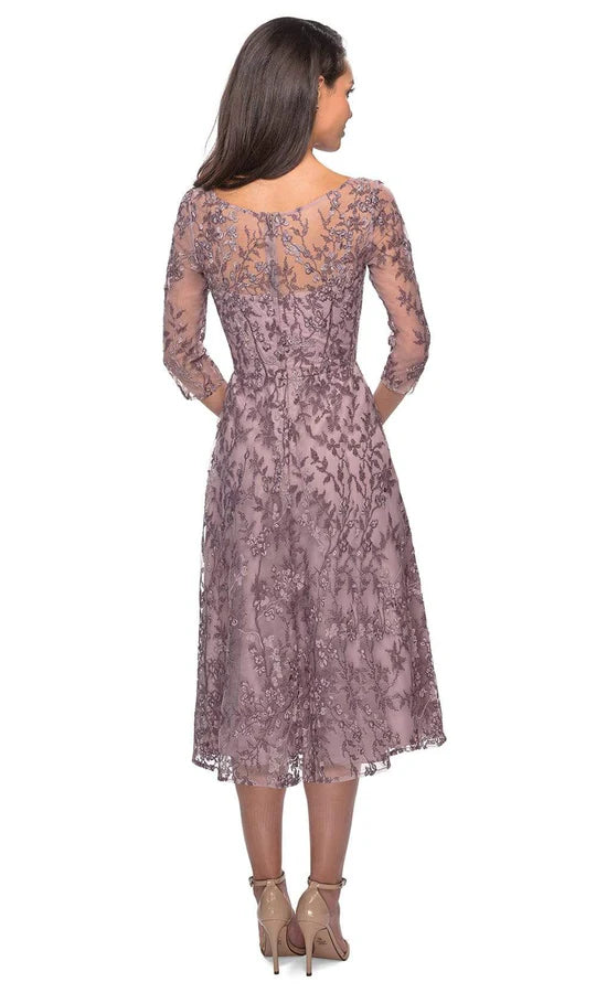 Chic A-Line Boat-Neck Three-Quarter-Sleeve Sheer-Back Dusty Lilac Embroidered-Lace Tea-Length Mother of the Bride Dresses