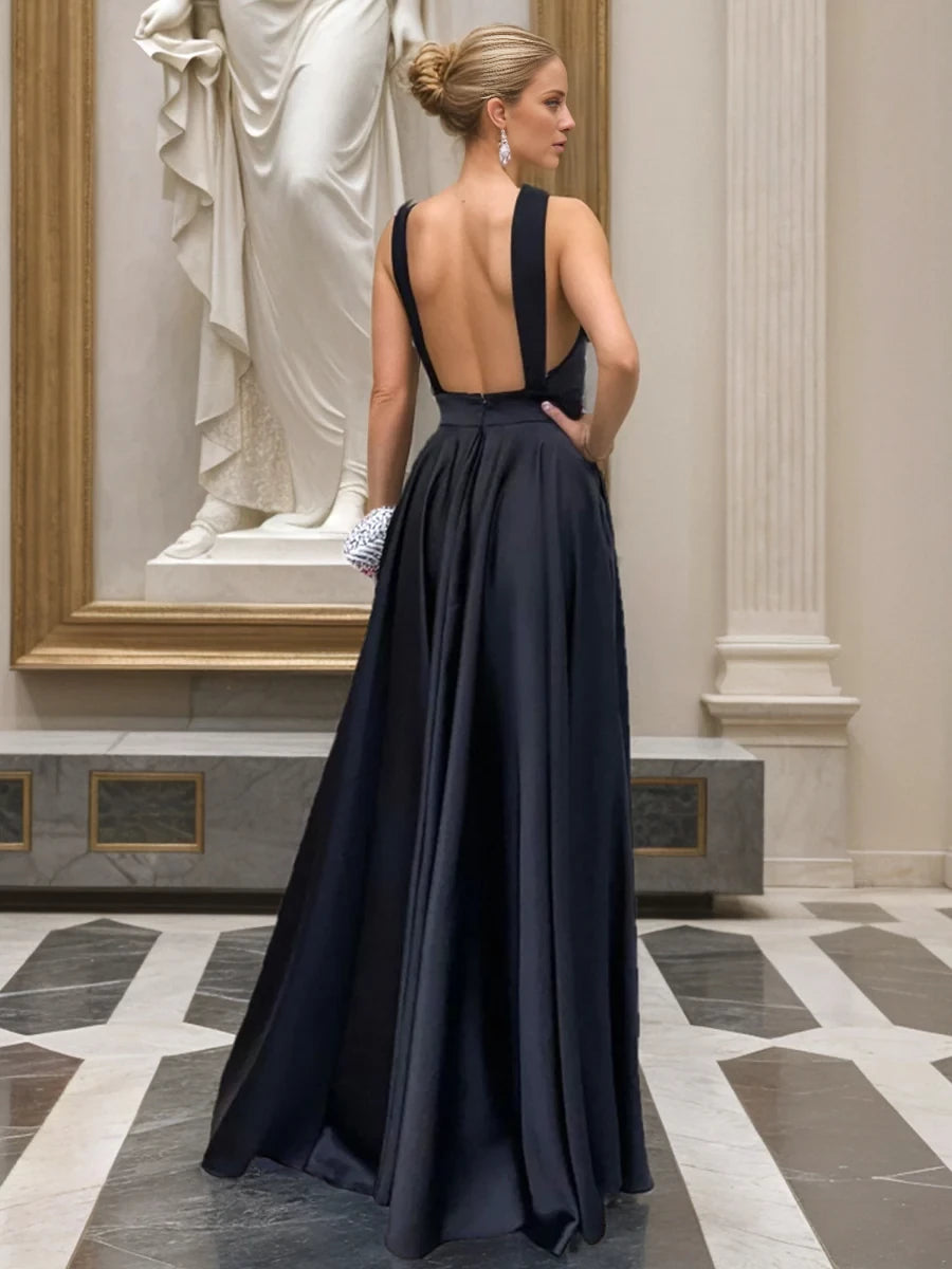 Chic A Line Halter Sleeveless Open Back Floor Length Evening Gown Elegant Loose-Fitting Halter Sleeveless Open Back Floor Length Evening Dress