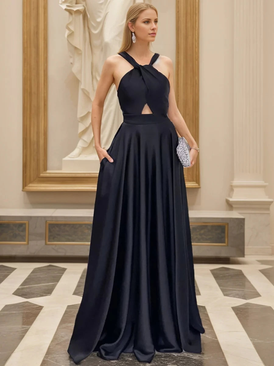 Chic A Line Halter Sleeveless Open Back Floor Length Evening Gown Elegant Loose-Fitting Halter Sleeveless Open Back Floor Length Evening Dress