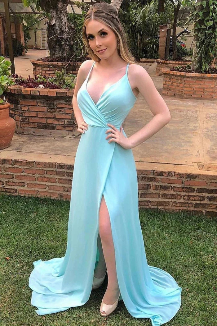 Chic A-Line Plunging V-Neck Sleeveless Crisscross-Back Turquoise Chiffon Train-Floor-Length Bridesmaid Dresses