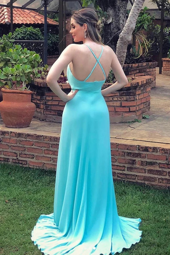 Chic A-Line Plunging V-Neck Sleeveless Crisscross-Back Turquoise Chiffon Train-Floor-Length Bridesmaid Dresses