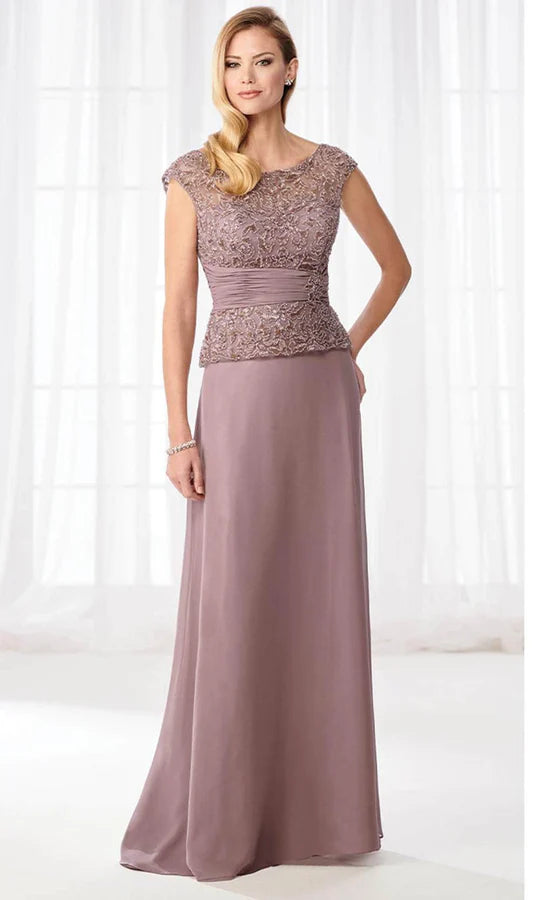 Chic A-Line Scoop-Neck Cap-Sleeve Lace-Overlay Dusty Mauve Chiffon Floor-Length Mother of the Bride Dresses