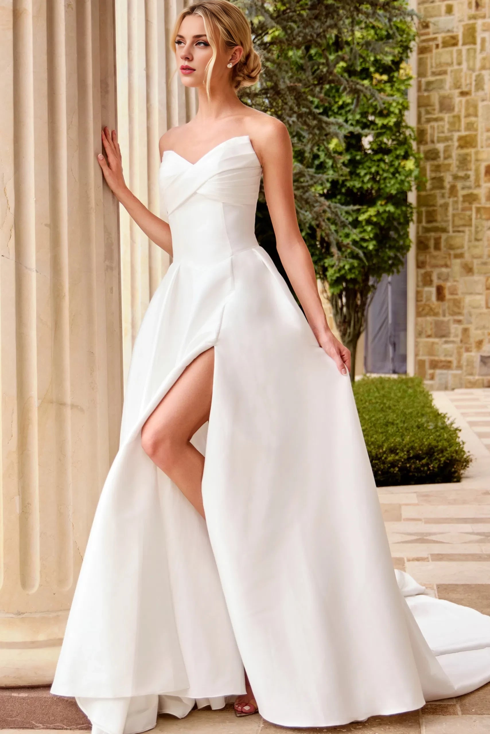 Chic A-Line Strapless Cross-Bodice Pearl-Button Back High-Slit Train Length Wedding Dresses