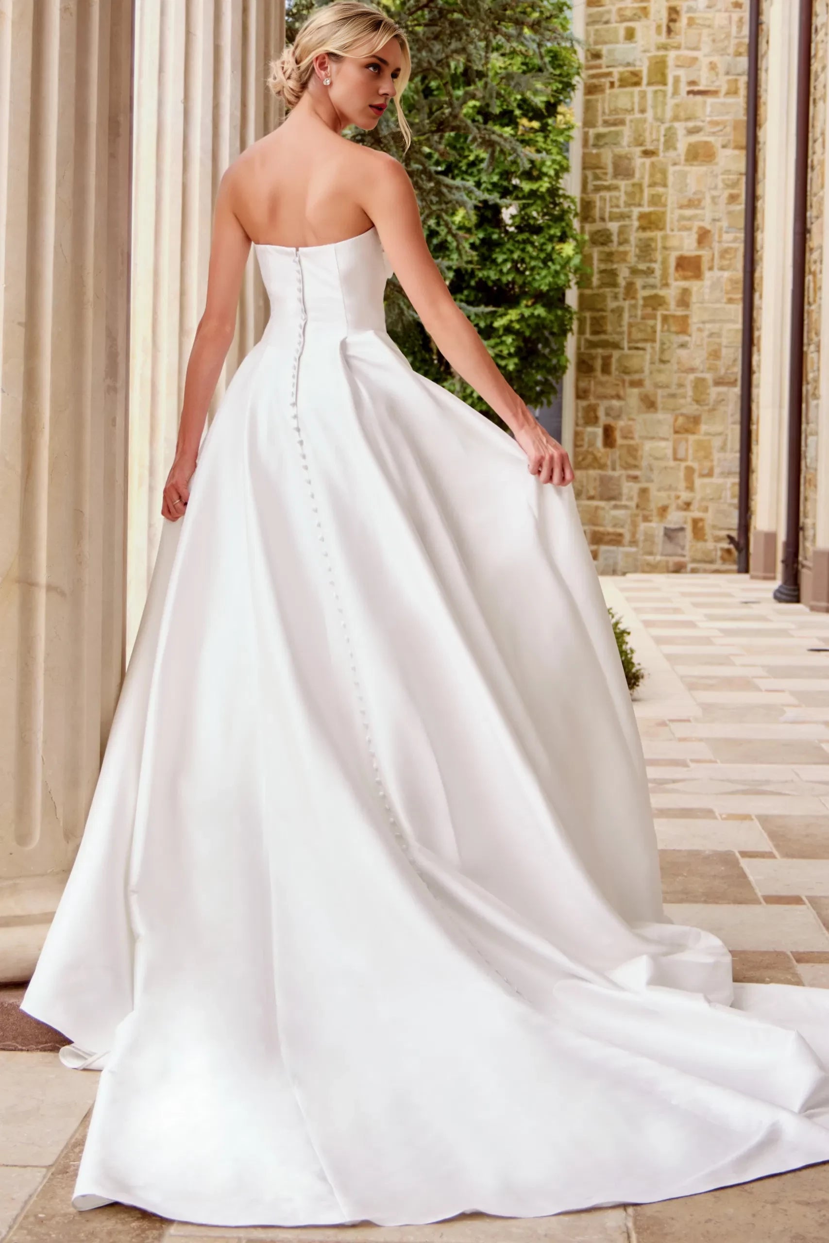 Chic A-Line Strapless Cross-Bodice Pearl-Button Back High-Slit Train Length Wedding Dresses