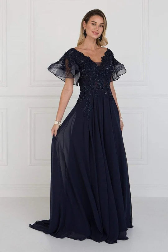 Chic A-Line V-Neck Ruffled-Sleeve Sheer-Back Navy Beaded-Chiffon Floor-Length Mother of the Bride Dresses