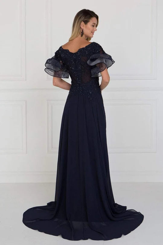 Chic A-Line V-Neck Ruffled-Sleeve Sheer-Back Navy Beaded-Chiffon Floor-Length Mother of the Bride Dresses