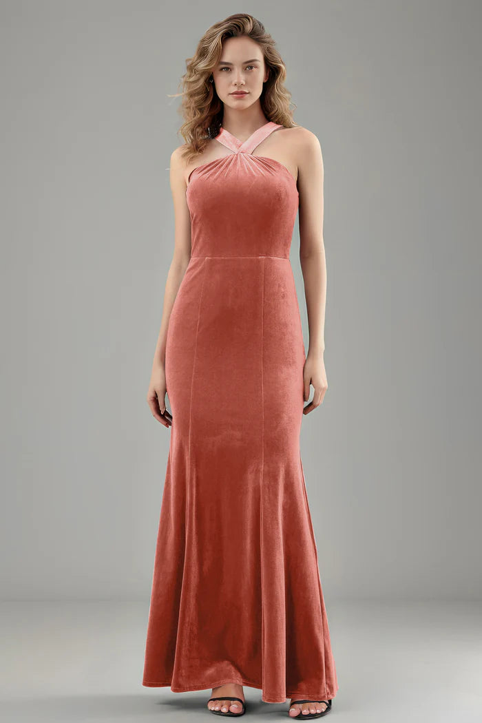 Chic Mermaid Halter-Neck Cross-Strap Bow-Back Floor-Length Bridesmaid Dresses