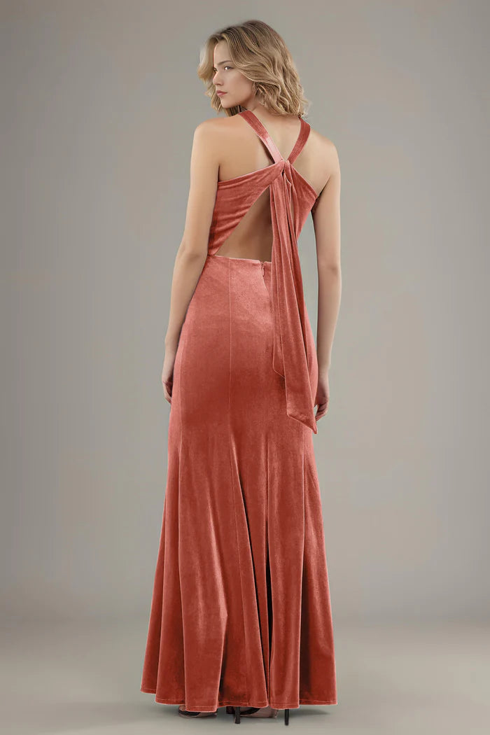Chic Mermaid Halter-Neck Cross-Strap Bow-Back Floor-Length Bridesmaid Dresses