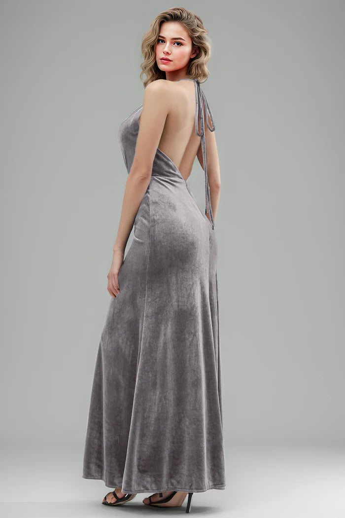 Chic Mermaid Halter-Neck Keyhole-Front Tie-Back Floor-Length Bridesmaid Dresses