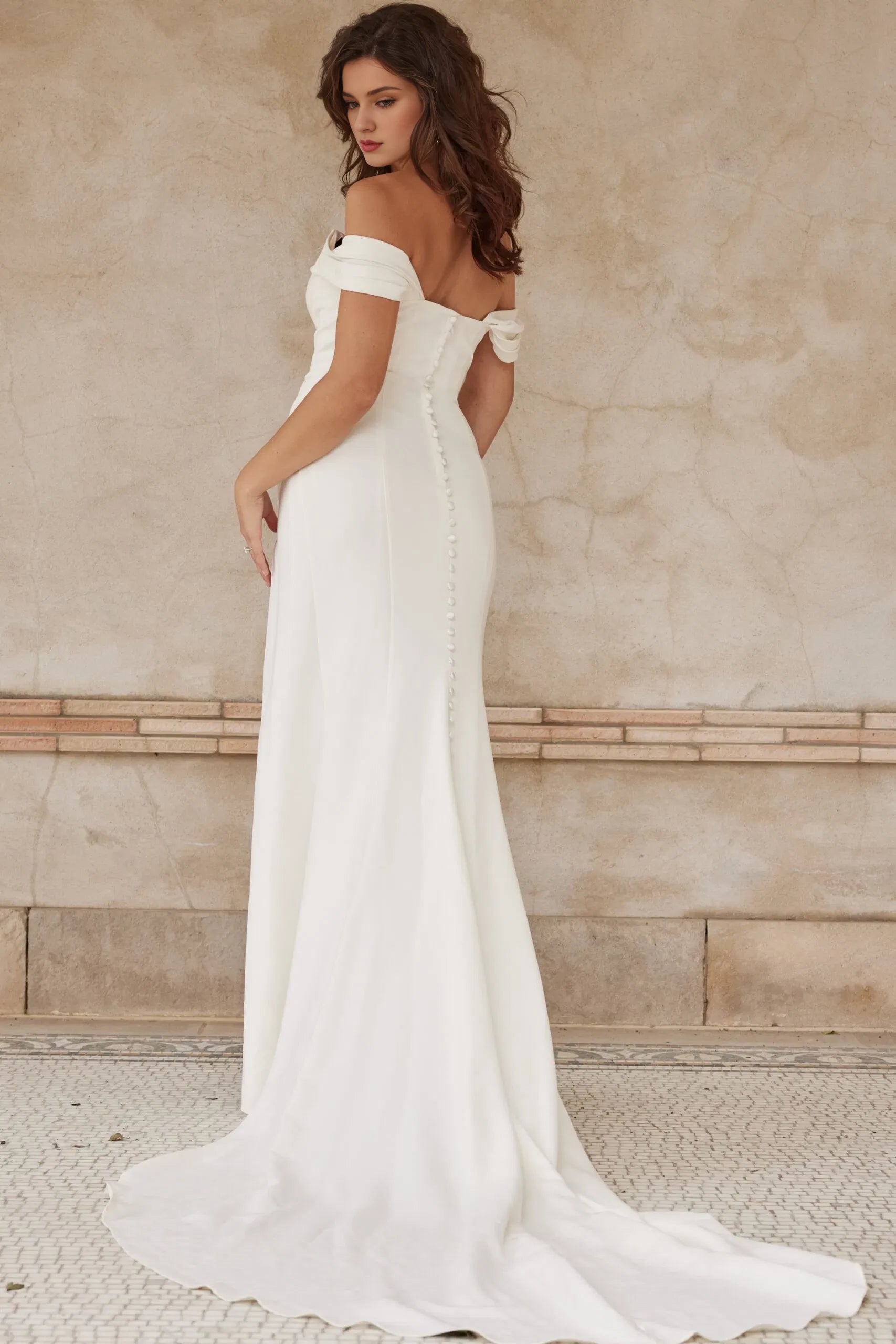 Chic Mermaid Off-Shoulder Ruched-Satin Pearl-Button Back High-Slit Train Length Wedding Dresses