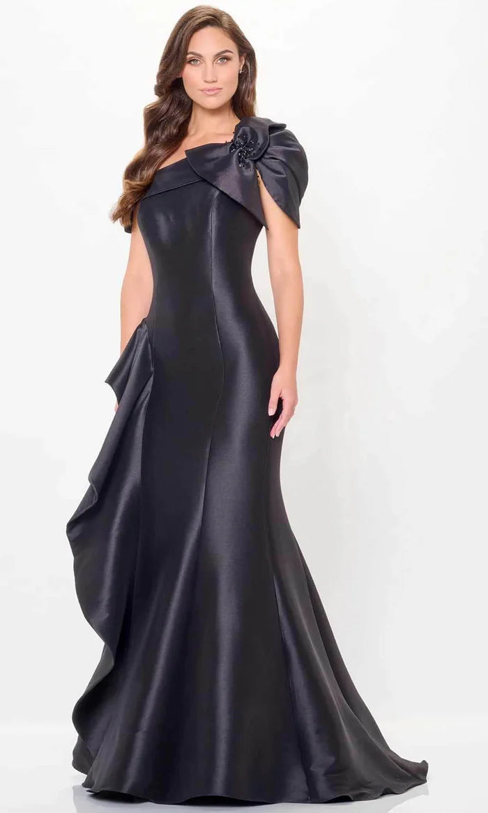 Chic Mermaid One-Shoulder Embellished-Back Black Satin Floor-Length Mother of the Bride Dresses