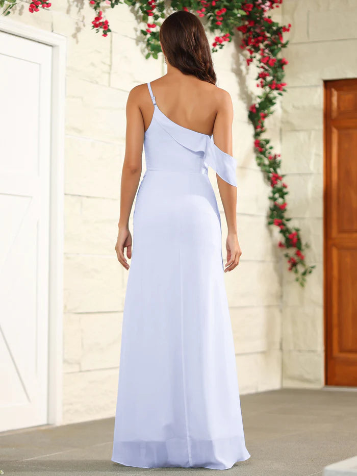 Chic Mermaid One-Shoulder Ruffle-Sleeve Ruched-Bodice High-Slit Floor-Length Bridesmaid Dresses