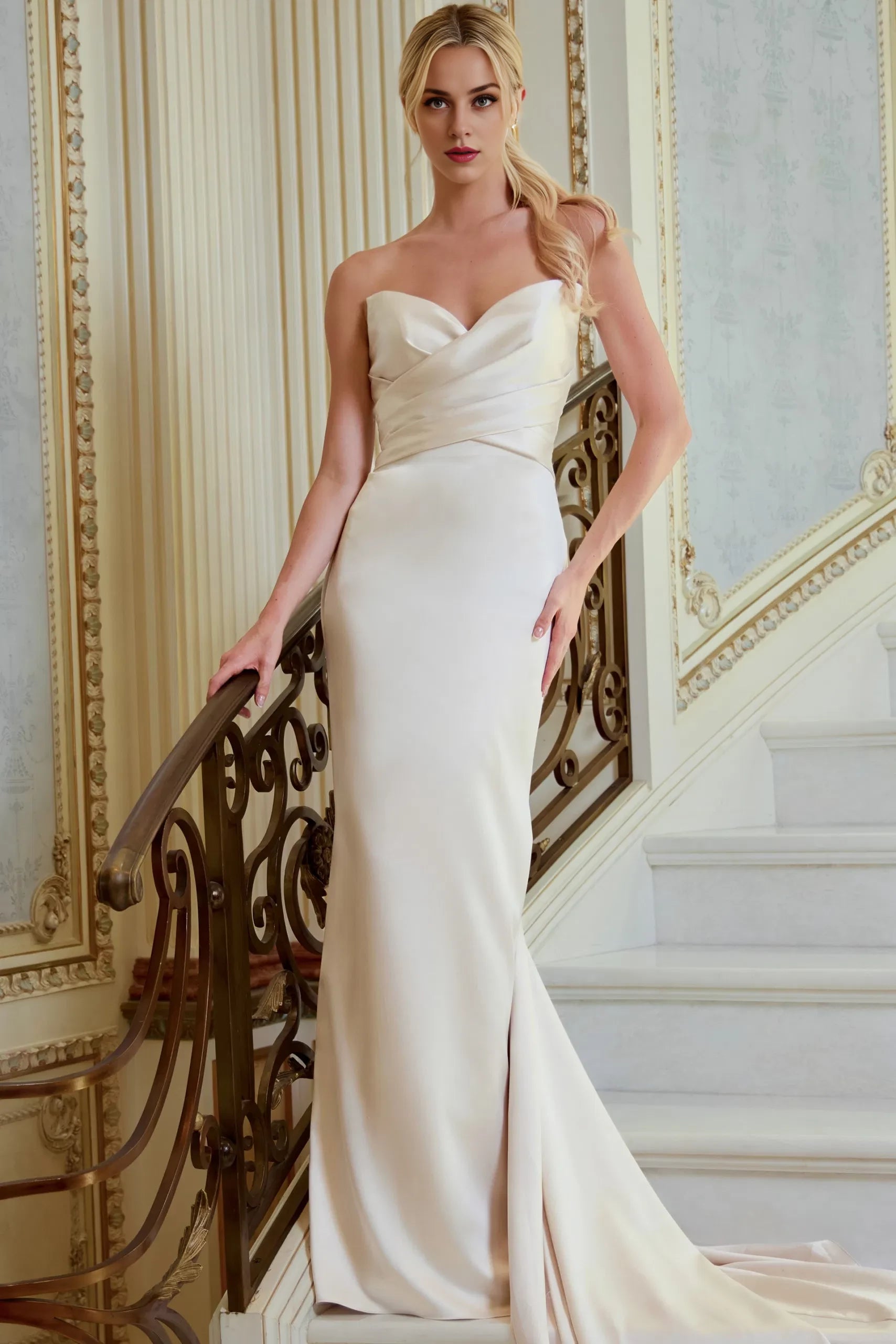 Chic Mermaid Strapless Cross-Bodice Bow-Accent Back Train Length Wedding Dresses